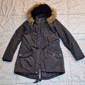 Mossimo Supply Co. Charcoal Puffer Coat with Faux Fur Hood